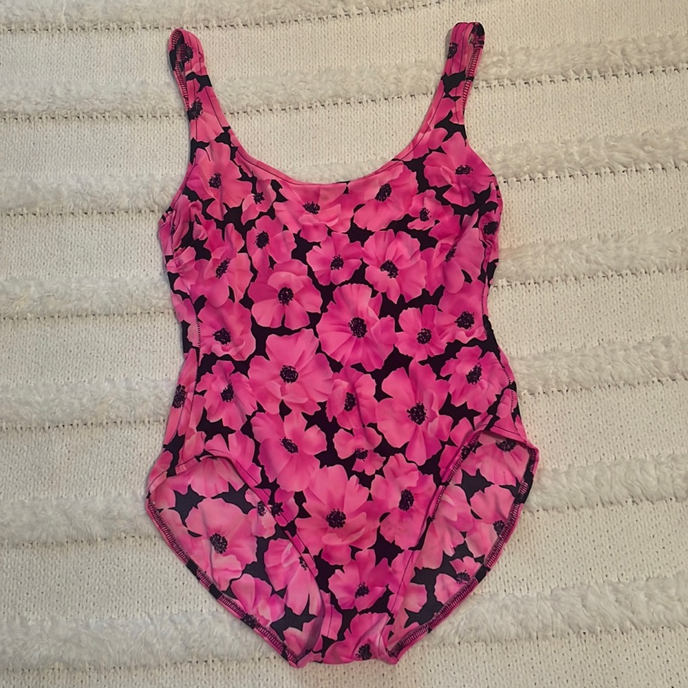 Vintage 1990s mainstream one piece swimsuit floral puppies black pink size L